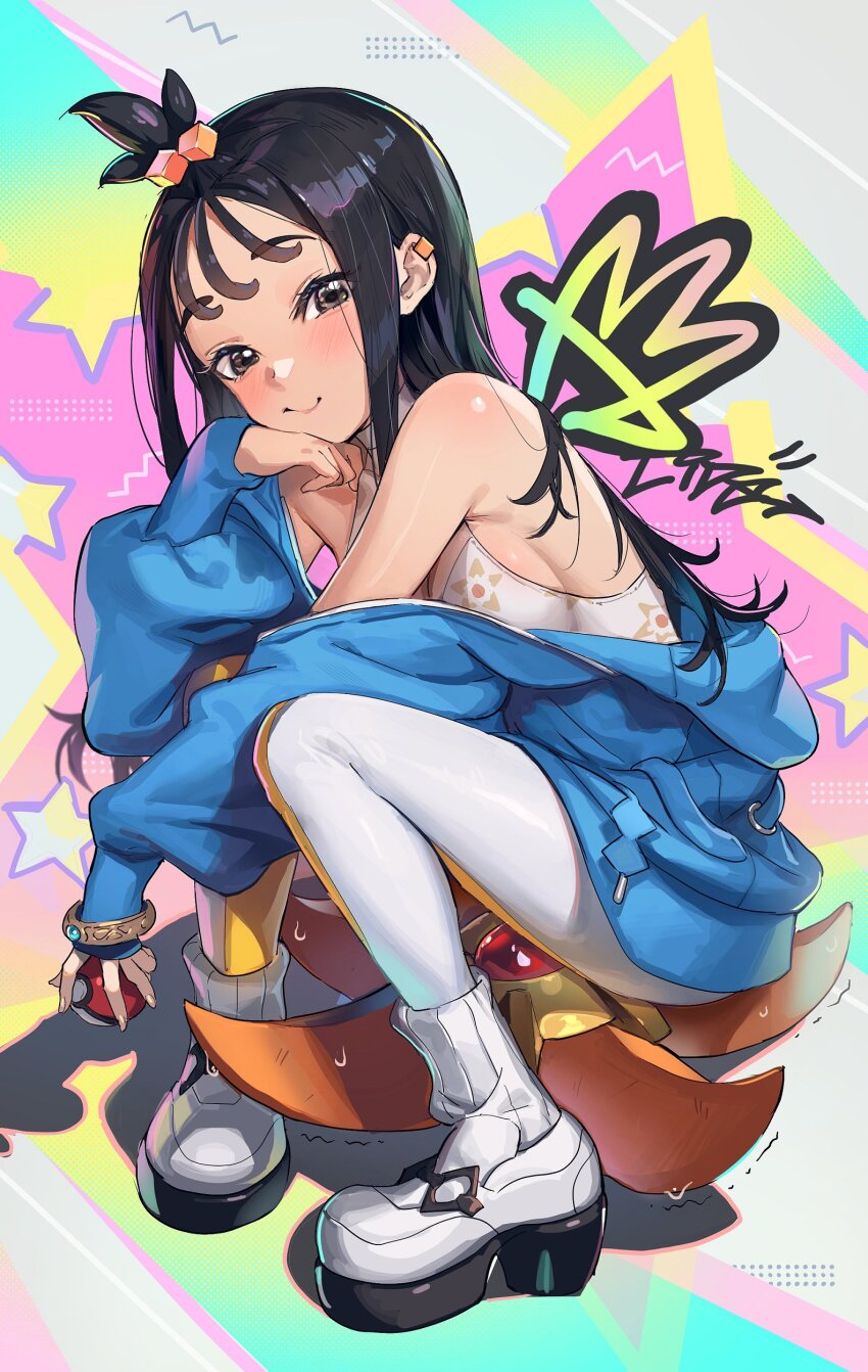 1girl absurdres black_hair blue_jacket blush bracelet breasts character_print closed_mouth cube_hair_ornament ear_piercing full_body gen_1_pokemon grey_eyes hair_ornament head_rest highres holding holding_poke_ball jacket jewelry lida_(pokemon) looking_at_viewer medium_breasts mega_ring mhk_(mechamania) nintendo off_shoulder pants piercing poke_ball poke_ball_(basic) pokemon pokemon_legends:_z-a shirt shoes sitting_on_pokemon sleeveless sleeveless_shirt smile socks squatting staryu tight_clothes tight_pants wet white_pants white_shoes white_socks
