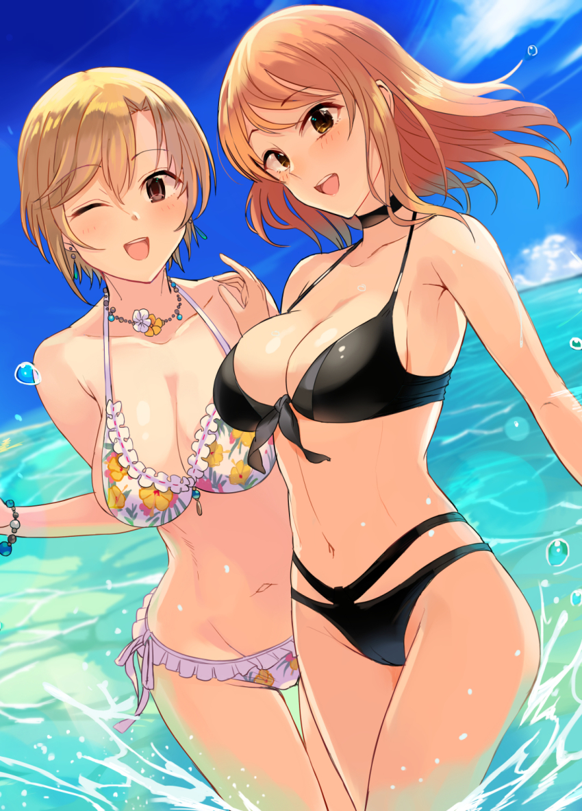 2girls :d aiba_yumi armpit_crease ashita_(2010) bikini black_bikini black_choker blue_sky blush breasts choker cleavage collarbone commission cowboy_shot frilled_bikini frills groin halterneck highres hojo_karen idolmaster idolmaster_cinderella_girls looking_at_viewer midriff multi-strapped_bikini multiple_girls navel ocean one_eye_closed open_mouth partially_submerged round_teeth side-tie_bikini_bottom skeb_commission sky smile swimsuit teeth thigh_gap