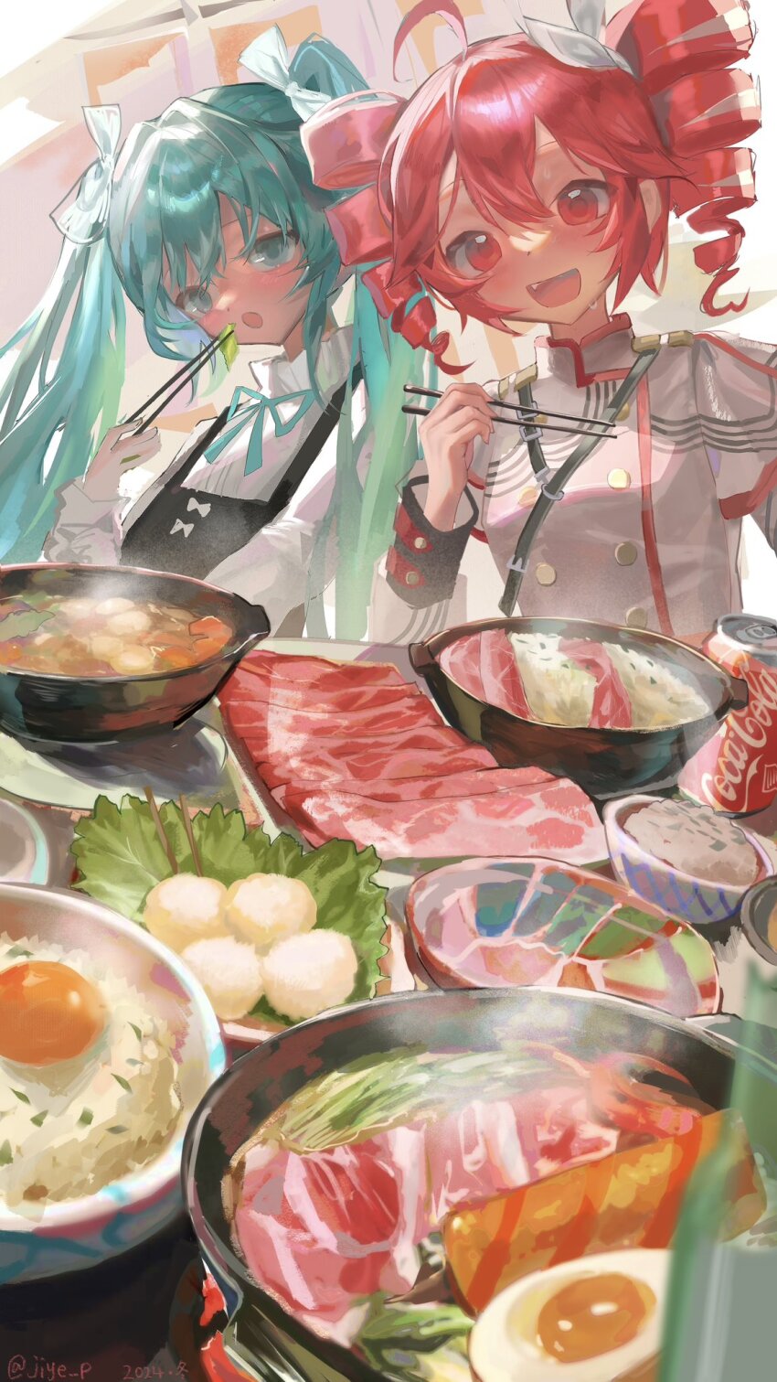 2girls ahoge aqua_eyes aqua_hair aqua_ribbon black_dress bottle bow bowl buttons can chopsticks coca-cola commentary double-breasted dress drill_hair drink_can egg_(food) english_commentary fang food food_focus food_request grey_jacket hair_bow hair_ribbon hatsune_miku highres holding holding_chopsticks jacket jiye_p1 kasane_teto kasane_teto_(sv) long_hair meal multiple_girls neck_ribbon open_mouth pinafore_dress raw_meat red_eyes red_hair ribbon rice shirt shoulder_belt shoulder_boards sleeveless sleeveless_dress smile soda_can softboiled_egg steam synthesizer_v twin_drills twintails utau very_long_hair vocaloid white_bow white_ribbon white_shirt