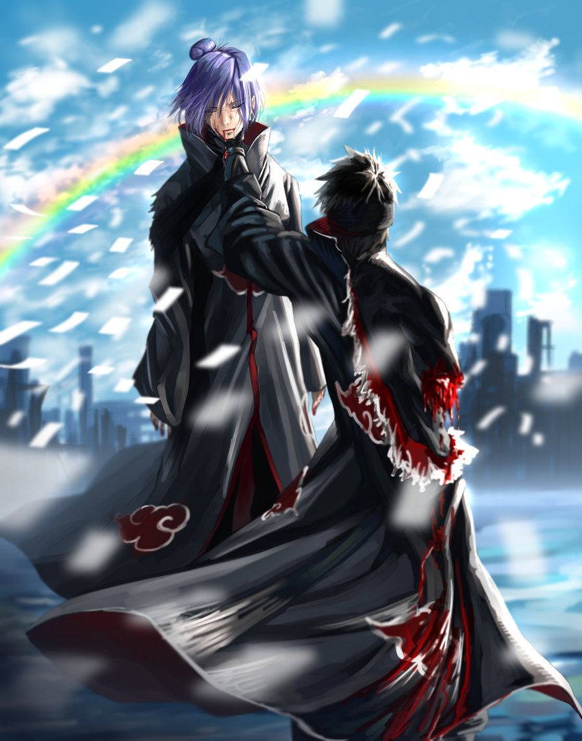 1boy 1girl absurdres akatsuki_(naruto) akatsuki_uniform amputee asphyxiation black_hair bleeding blood closed_eyes crying fighting haru_(chki8699) highres konan_(naruto) makeup naruto_(series) naruto_shippuuden paper purple_hair rainbow short_hair strangling tobi_(naruto) uchiha_obito