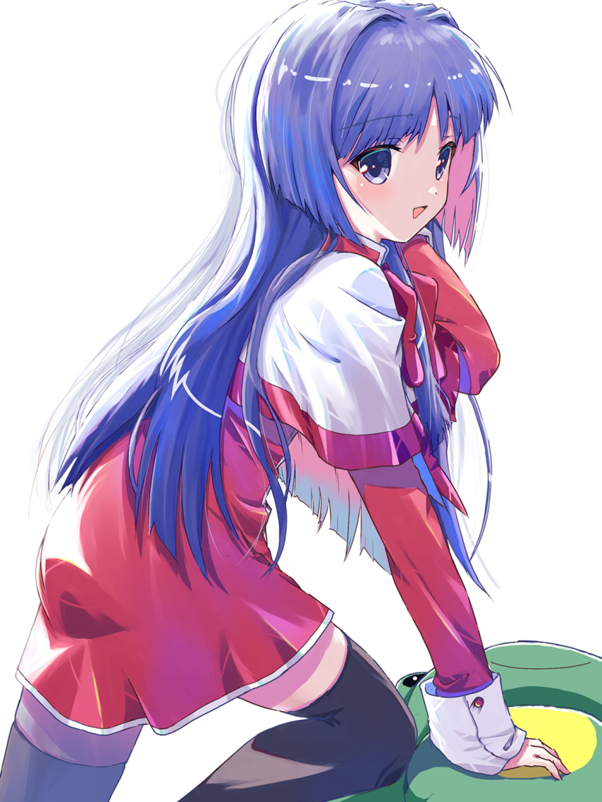 1girl akayama_yukihe black_thighhighs blue_eyes blue_hair bow bowtie colored_inner_hair commentary_request dress hair_intakes highres kanon keropii knee_up long_hair long_sleeves looking_at_viewer minase_nayuki multicolored_hair pink_hair red_bow red_bowtie red_dress school_uniform simple_background solo standing stuffed_animal stuffed_frog stuffed_toy thighhighs white_background