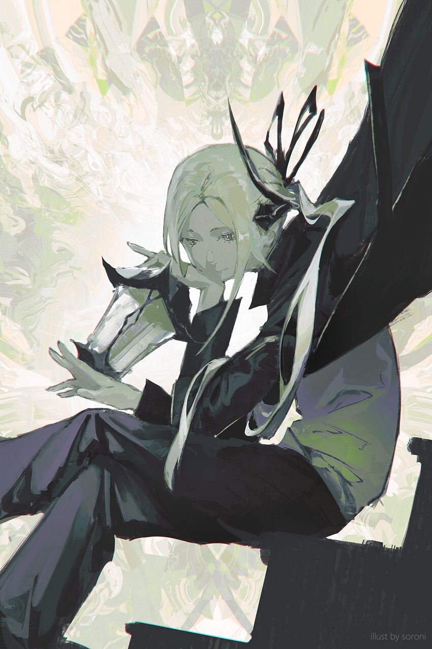 1girl absurdres black_coat black_horns black_pants closed_mouth coat highres holding holding_lantern horns lantern long_hair original pants ponytail shirt single_horn sitting solo sorrowny stairs white_hair white_shirt