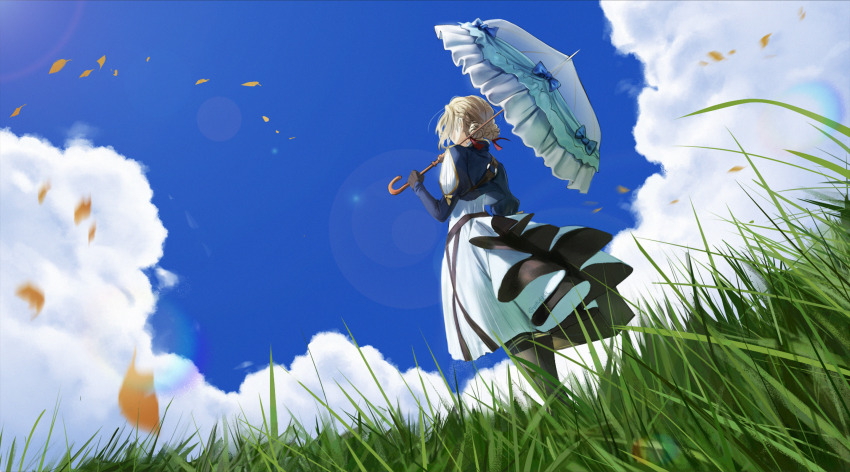 1girl black_gloves blonde_hair braid braided_bun cloud dress from_below gloves grass hair_bun highres long_hair original sky standing umbrella violet_evergarden violet_evergarden_(series) waligner