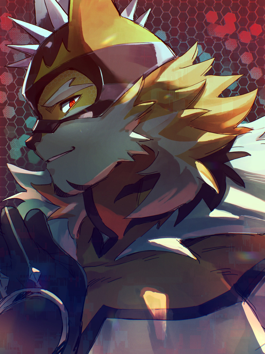 1boy absurdres bara black_gloves furry furry_male gloves hagiography highres live_a_hero looking_at_viewer male_focus mask parted_lips pectorals red_eyes ryekie_(live_a_hero) solo tiger_boy upper_body