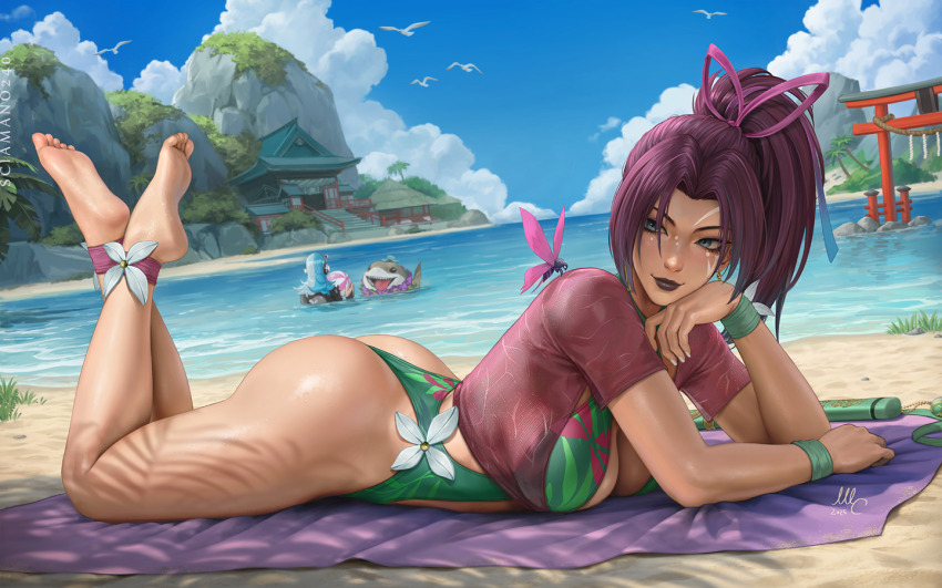 2girls ass beach beach_towel bird blue_eyes blue_hair blue_sky breasts bug cloud day full_body green_one-piece_swimsuit hair_intakes high_ponytail jeff_(marvel) large_breasts luna_snow luna_snow_(cool_summer) lying marvel marvel_rivals multicolored_hair multiple_girls official_alternate_costume on_stomach one-piece_swimsuit outdoors ponytail psylocke psylocke_(breezy_butterfly) purple_hair purple_lips purple_shirt sand sciamano240 seagull shirt sky solo_focus split-color_hair swimsuit temple torii towel water white_hair x-men