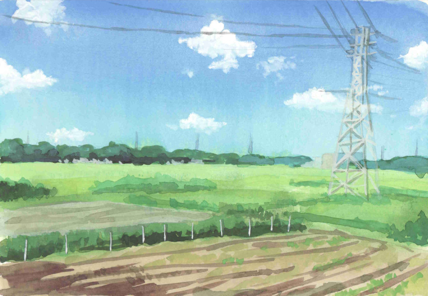 blue_sky bush cloud day fumeshi grass highres no_humans original painting_(medium) power_lines rural scenery sky traditional_media water watercolor_(medium)