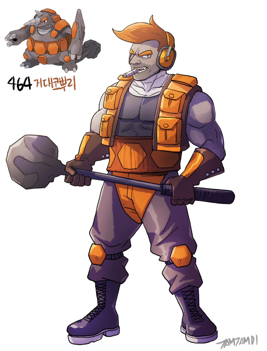 1boy boots brown_gloves cigar club_(weapon) colored_skin creature_and_personification earmuffs full_body game_freak gen_4_pokemon gloves grey_footwear grey_pants grey_skin highres holding holding_club holding_weapon male_focus mouth_hold muscular muscular_male nintendo orange_hair pants pectorals personification pokemon pokemon_(creature) reference_inset rhyperior short_hair signature simple_background standing tamtamdi teeth_hold translated weapon white_background