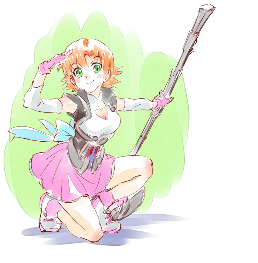 1girl aqua_eyes blush_stickers commentary_request female_focus fingerless_gloves gloves highres iesupa looking_at_viewer nora_valkyrie orange_hair rwby salute smile solo war_hammer warhammer weapon