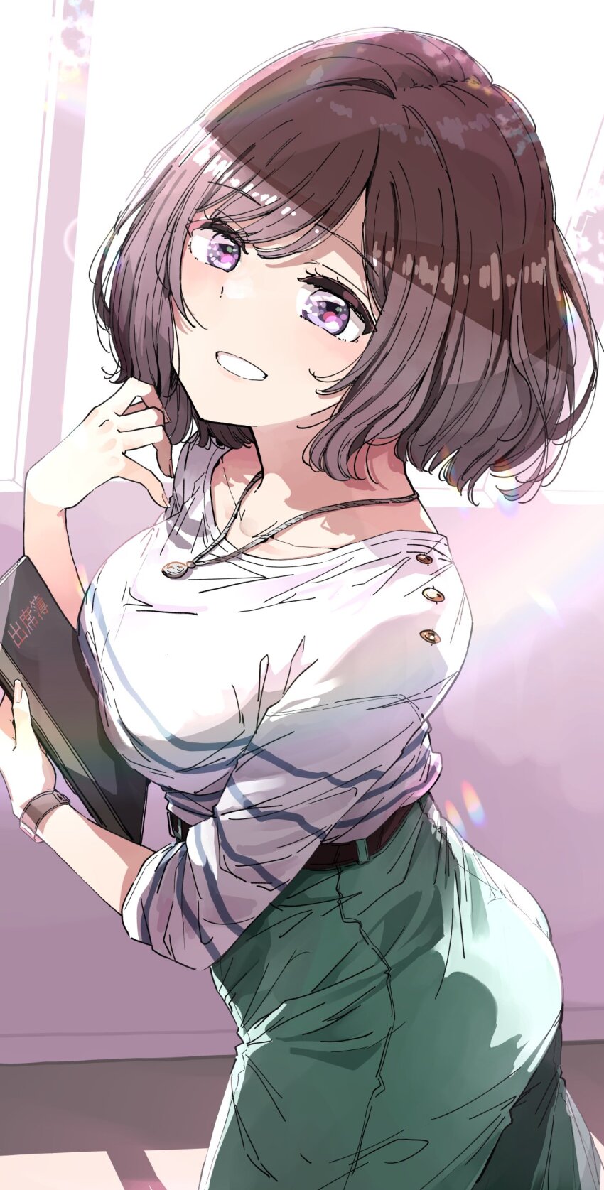 belt gakuen_idolmaster green_pants grin highres idolmaster jewelry necklace neo_asari nyoijizai pants purple_eyes purple_hair shirt short_hair smile striped_clothes striped_shirt watch white_shirt wristwatch