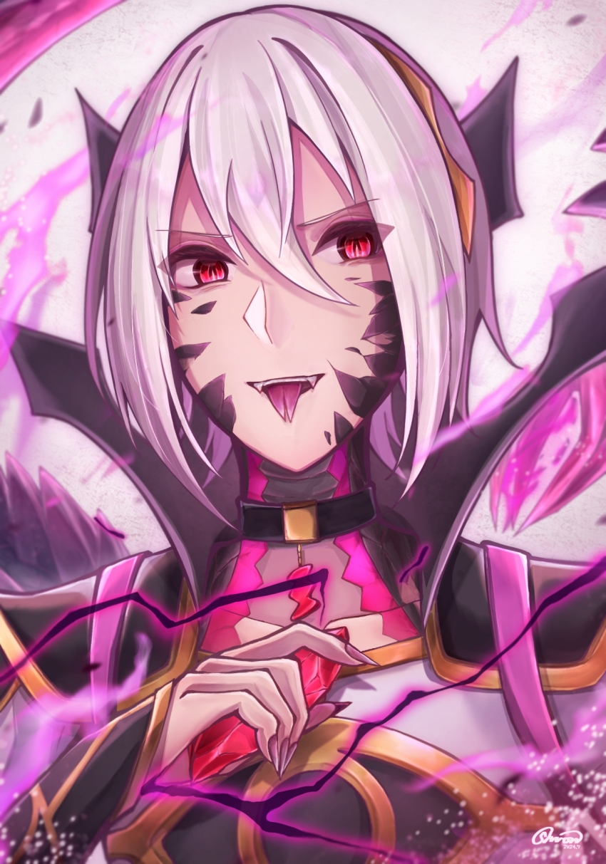 1boy armored_collar dragon_boy fingernails fire_emblem fire_emblem_engage hair_between_eyes highres long_fingernails male_focus multicolored_hair nintendo rafal_(fire_emblem) red_eyes shi-on smile two-tone_hair white_hair