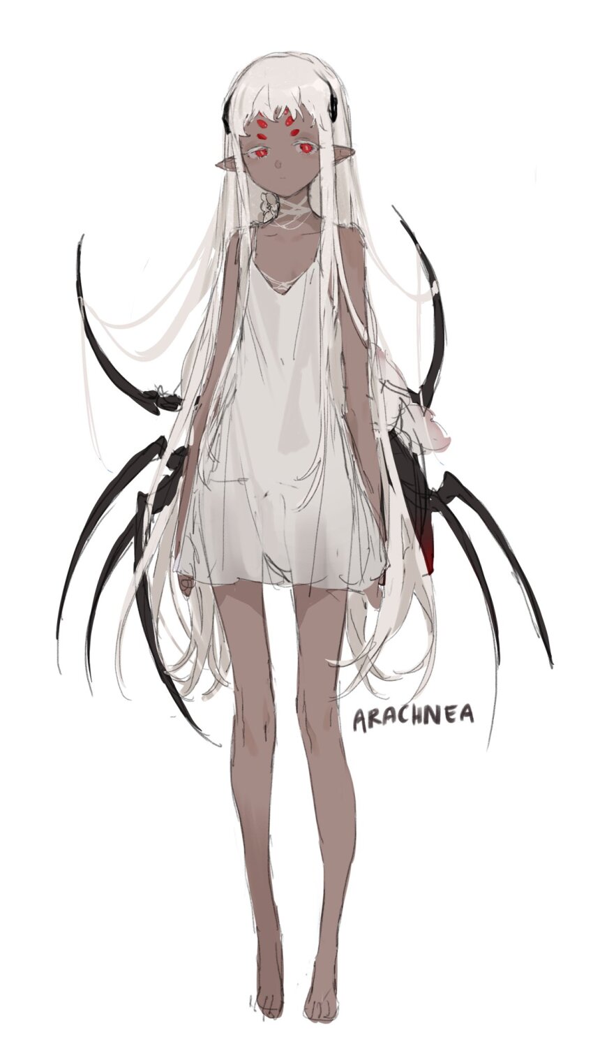 1girl arthropod_girl arthropod_limbs barefoot blunt_bangs collar contrapposto dark-skinned_female dark_skin dress extra_arms extra_eyes full_body hair_over_shoulder highres horns insect_girl long_hair looking_at_viewer nightgown original pointy_ears red_eyes sidelocks simple_background solo spaghetti_strap spider_girl very_long_hair white_background white_dress white_hair yoimon