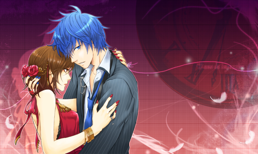 1boy 1girl backless_dress backless_outfit blouse blue_eyes blue_hair blue_necktie bracelet brown_eyes brown_hair collared_shirt couple dress eyelashes flower formal_clothes hair_flower hair_ornament hair_over_one_eye half_updo halterneck hand_on_another&#039;s_head hetero hug jewelry kaito_(vocaloid) lyrics meiko_(vocaloid) momopanda nail_polish necktie red_background ring shirt short_hair string string_of_fate suit vocaloid white_shirt