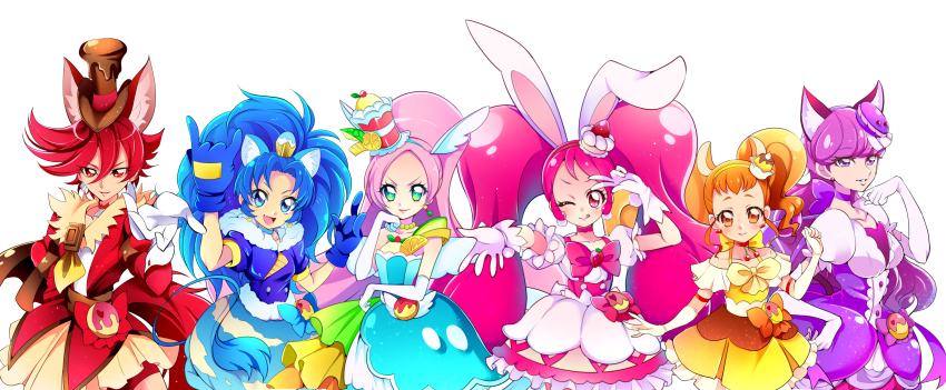 6+girls ;q \n/ absurdres animal_ears aqua_eyes arisugawa_himari blue_dress blue_eyes blue_gloves blue_hair cat_ears cat_tail chocolate choker closed_mouth crown cure_chocolat cure_custard cure_gelato cure_macaron cure_parfait cure_whip custard dog_ears dog_tail double_\n/ dress earrings elbow_gloves extra_ears fang food food-themed_clothes food-themed_hair_ornament frilled_dress frills gloves gold_crown hair_ornament hand_on_own_hip hat highres jacket jewelry kenjou_akira kirahoshi_ciel kirakira_precure_a_la_mode kotozume_yukari lion_ears lion_tail long_hair looking_at_viewer macaron magical_girl medium_dress mitsuki_tayura multiple_girls one_eye_closed open_mouth orange_eyes orange_hair parfait parted_bangs pink_dress pink_eyes pink_hair pouch precure puffy_short_sleeves puffy_sleeves purple_choker purple_dress purple_eyes purple_hair rabbit_ears rabbit_tail reaching reaching_towards_viewer red_eyes red_hair red_jacket short_dress short_hair short_sleeves side-by-side side_ponytail simple_background smile squirrel_ears squirrel_tail standing tail tategami_aoi tongue tongue_out top_hat twintails usami_ichika v v_over_eye very_long_hair white_background white_gloves wide_ponytail