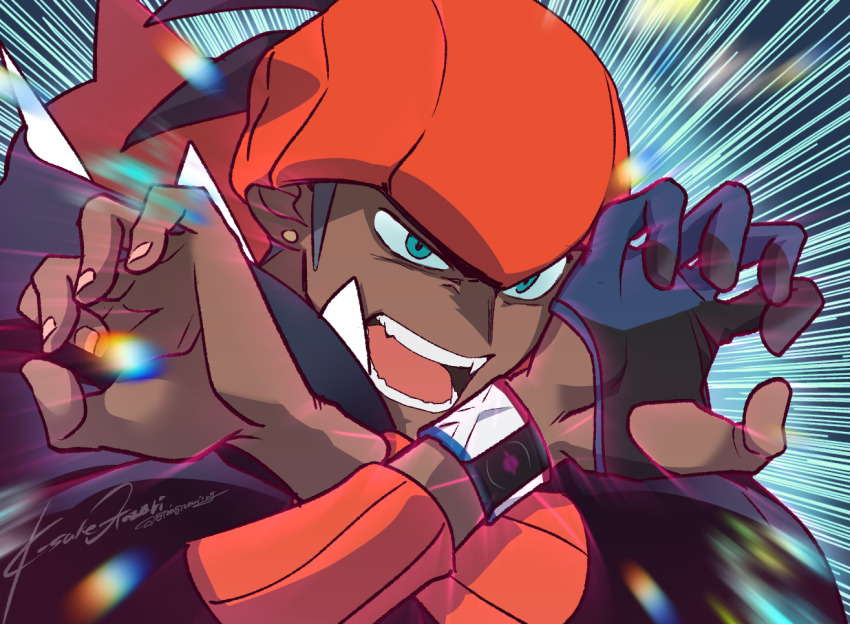 1boy artist_name black_gloves black_hoodie blue_eyes blue_gloves brown_hair commentary commentary_request crossed_wrists dark-skinned_male dark_skin dynamax_band earrings english_commentary gloves hands_up headband hood hood_down hoodie jewelry long_sleeves male_focus mixed-language_commentary nintendo open_mouth orange_headband otona_kasuke partially_fingerless_gloves pokemon pokemon_swsh raihan_(pokemon) short_hair signature single_glove solo stud_earrings teeth twitter_username two-tone_gloves undercut upper_body v-shaped_eyebrows
