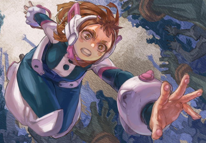 1girl absurdres boku_no_hero_academia brown_eyes brown_hair clone highres reaching solo_focus uraraka_ochako yomoyama_yotabanashi