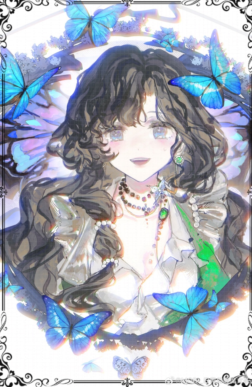 1girl :d black_hair blue_butterfly border breasts bug butterfly cleavage cropped_torso earrings gem green_gemstone grey_jacket highres insect isolde_(and_all_that_jazz)_(reverse:1999) isolde_(reverse:1999) jacket jewelry long_hair necklace official_alternate_costume open_mouth ornate_border pearl_necklace purple_eyes reverse:1999 richang_huanxiang_monu_cha shirt smile solo straight-on too_many too_many_butterflies upper_body watermark weibo_watermark white_background white_shirt