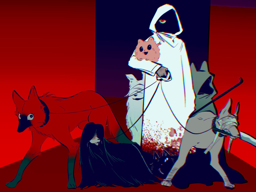 1girl animal animalization bandages bandages_over_eyes blood blood_on_clothes chinese_commentary cloak clothed_animal commentary_request dog eyes_in_shadow glires heroine_(homicipher) highres holding_machete homicipher hood hood_up indoors looking_at_viewer maned_wolf mouth_hold mr._chopped mr._crawling mr._gap mr._hood mr._machete mr._scarletella mr._silvair pet_walking pomeranian_(dog) raincoat red_eyes solo standing