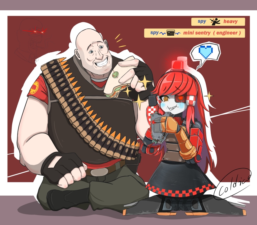 1girl 2boys absurdres alarm_siren arm_cannon artist_name backstab balaclava bald bandolier beard_stubble belt black_boots black_dress blue_eyes blush boots borrowed_character brown_belt checkered_trim chinese_commentary cigarette cold_ice_(artist) commentary_request crosshair_pupils dress eating english_text facial_hair fingerless_gloves food food_bite full_body gloves glowing glowing_eyes grey_pants grin hand_on_own_cheek hand_on_own_face heads-up_display heart heart_in_eye heavy_(tf2) heterochromia highres holding holding_food indian_style joints kneeling long_hair meme metal mimi-sentry_(flyingpiggles) multiple_boys mustache_stubble no_feet notice_lines original outline pants personification pixel_heart projected_inset red_background red_eyes red_hair red_heavy_(tf2) robot robot_girl robot_joints sandvich sapper sharp_teeth simple_background sitting smile sparkle speech_bubble spoken_heart spy_(tf2) stubble symbol_in_eye team_fortress_2 teeth user_interface very_long_hair weapon white_outline wrench yellow_eyes