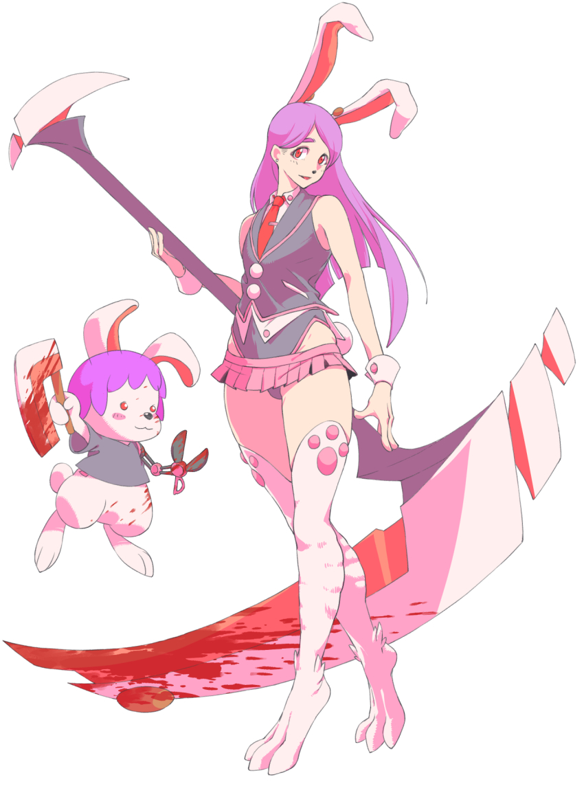 1girl :3 alice_gear_aegis animal_ears black_leotard black_vest blood bloody_weapon collared_shirt commentary_request cookie_(touhou) earrings fake_hisui_(cookie) full_body highres hisui_(cookie) holding holding_scythe jewelry leotard leotard_under_clothes looking_at_viewer microskirt necktie open_mouth paw_shoes pink_skirt pleated_skirt purple_hair rabbit rabbit_ears rabbit_girl rabbit_tail red_eyes red_necktie reisen_udongein_inaba scythe shirt short_hair skirt sleeveless sleeveless_shirt smile solid_circle_eyes solo stud_earrings swept_bangs tail touhou ukiwagirl vest vorpal_bunny weapon white_shirt