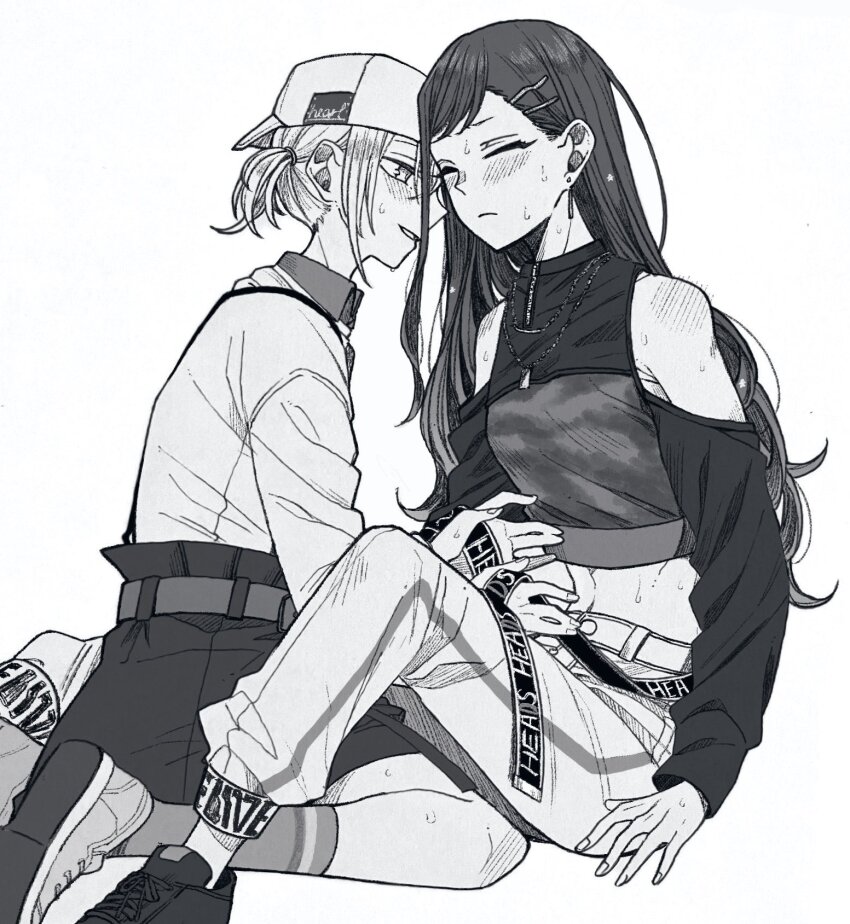 2girls azusawa_kohane baseball_cap belt between_legs blush closed_eyes closed_mouth clothing_cutout collared_shirt commentary crop_top earrings greyscale hat highres jewelry long_hair long_sleeves monochrome multiple_girls mygod55555 open_belt pants project_sekai shiraishi_an shirt shoes short_twintails shoulder_cutout skirt smile sneakers socks sweat symbol-only_commentary toned toned_female twintails yuri