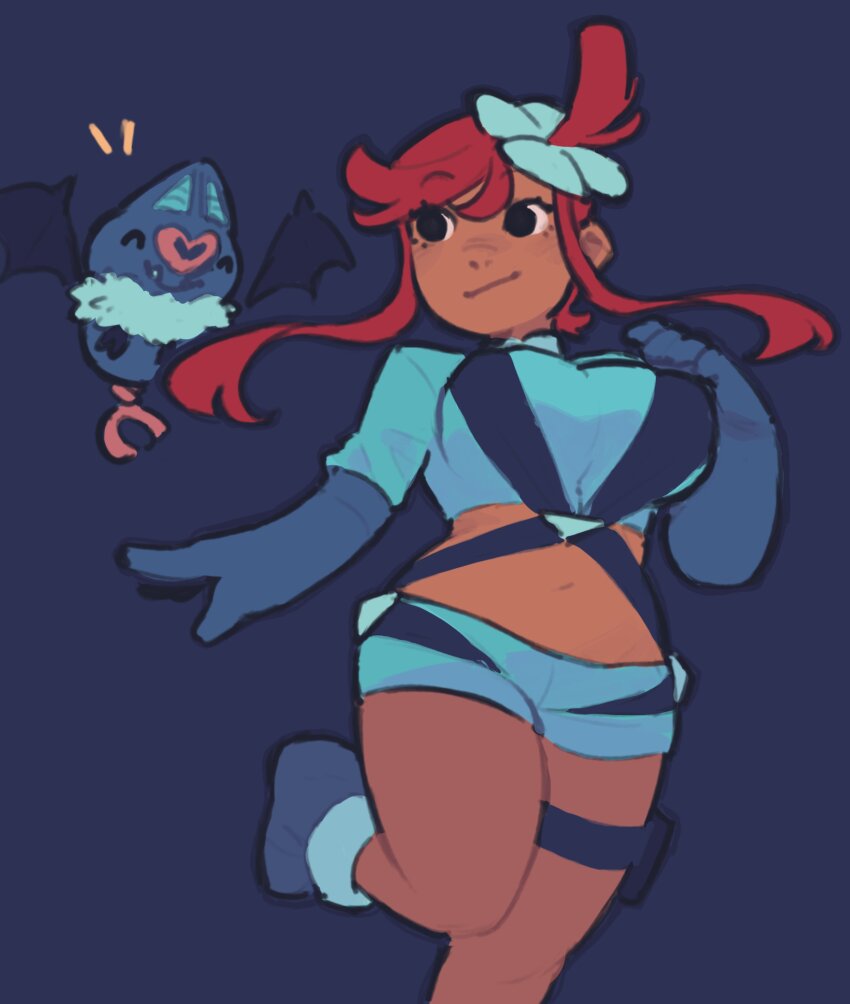 1girl ^_^ absurdres bat_(animal) bat_wings black_eyes blue_background blue_boots blue_fur blue_gloves blue_shirt blue_shorts boots breasts closed_eyes crop_top cropped_shirt dark-skinned_female dark_background dark_skin elbow_gloves eyelashes fang fang_out gen_5_pokemon gloves hair_ornament hand_on_own_chest hand_up highres large_breasts leg_up long_sleeves looking_at_another looking_to_the_side m4rcyart midriff navel nintendo one_side_up pokemon pokemon_(creature) pokemon_bw pouch red_hair shirt short_hair_with_long_locks short_shorts shorts simple_background skyla_(pokemon) smile solo splatin2 standing standing_on_one_leg swoobat thigh_pouch wings