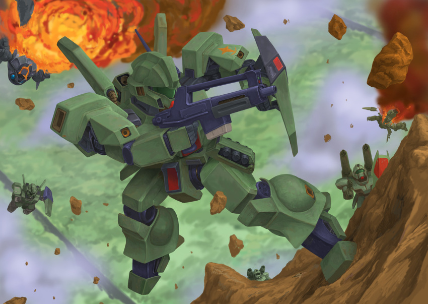 aiming beam_rifle cable cannon cloud commentary_request crossbone_vanguard debris den&#039;an_zon earth_federation energy_gun explosion f71_g-cannon fake_screenshot flying forest gundam gundam_f91 highres jegan mecha mecha_focus missile_pod mobile_suit nature o&#039;neill_cylinder radio_antenna rock roundel shield shoulder_cannon space_habitat spacecraft_interior tree volkov-1953 weapon when_you_see_it