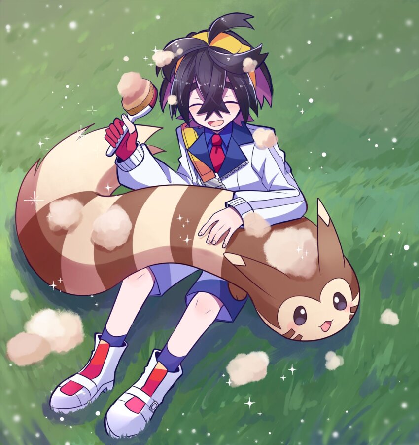 1boy black_hair blue_shirt blue_socks blush closed_eyes collared_shirt crossed_bangs fluff furret gen_2_pokemon gloves grass hair_between_eyes hairband highres holding holding_brush jacket kieran_(pokemon) long_sleeves motiumai nintendo open_mouth outdoors pokemon pokemon_(creature) pokemon_sv purple_hair red_gloves shirt shoes single_glove sitting socks sparkle white_footwear yellow_hairband