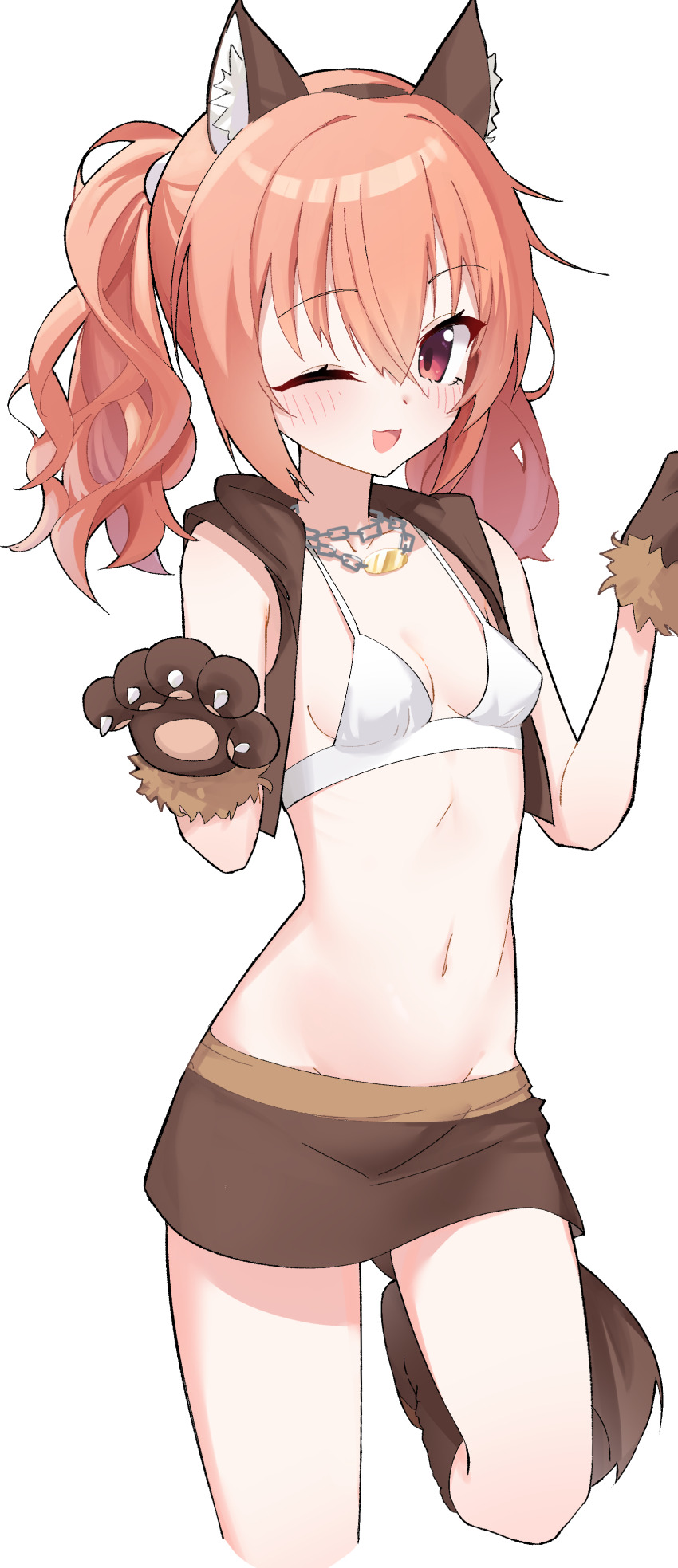 1girl ;d absurdres animal_ear_fluff animal_ear_hairband animal_ears animal_hands bare_shoulders blush boots bra breasts brown_boots brown_hairband brown_skirt brown_vest chain chain_necklace collarbone commentary covered_erect_nipples cowboy_shot fake_animal_ears fake_tail fur-trimmed_gloves fur_trim gloves groin hair_between_eyes hairband halloween_costume hands_up happy highres inaba_meguru jewelry lcz long_hair looking_at_viewer miniskirt navel necklace official_alternate_costume official_alternate_hairstyle one_eye_closed open_clothes open_mouth open_vest orange_hair paw_gloves red_eyes sanoba_witch sidelocks skirt small_breasts smile solo standing standing_on_one_leg stomach symbol-only_commentary tail twintails underwear vest w_arms wavy_hair werewolf_costume white_bra wolf_ears wolf_tail
