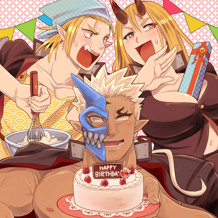 1girl 2boys between_breasts black_shirt blonde_hair bowl breasts brown_eyes cake collarbone food happy_birthday highres holding holding_cake holding_food holding_whisk horns ibaraki_(housamo) large_breasts mask multiple_boys navel nipples no_pupils ojou-sama_pose open_mouth pointy_ears shirt shuten_douji_(housamo) string_of_flags sumi_wo_hakuneko sweat tokyo_houkago_summoners veins veiny_arms whisk