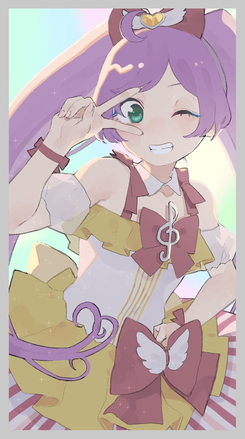 1girl ahoge bare_shoulders border bow cowboy_shot detached_sleeves dress green_eyes grey_border grin hair_bow hand_on_own_hip hand_up highres idol_clothes kemura_(puripurinea) long_hair looking_at_viewer manaka_laala multicolored_dress one_eye_closed open_mouth pretty_series pripara puffy_detached_sleeves puffy_sleeves purple_hair smile solo standing treble_clef twintails v v_over_eye very_long_hair