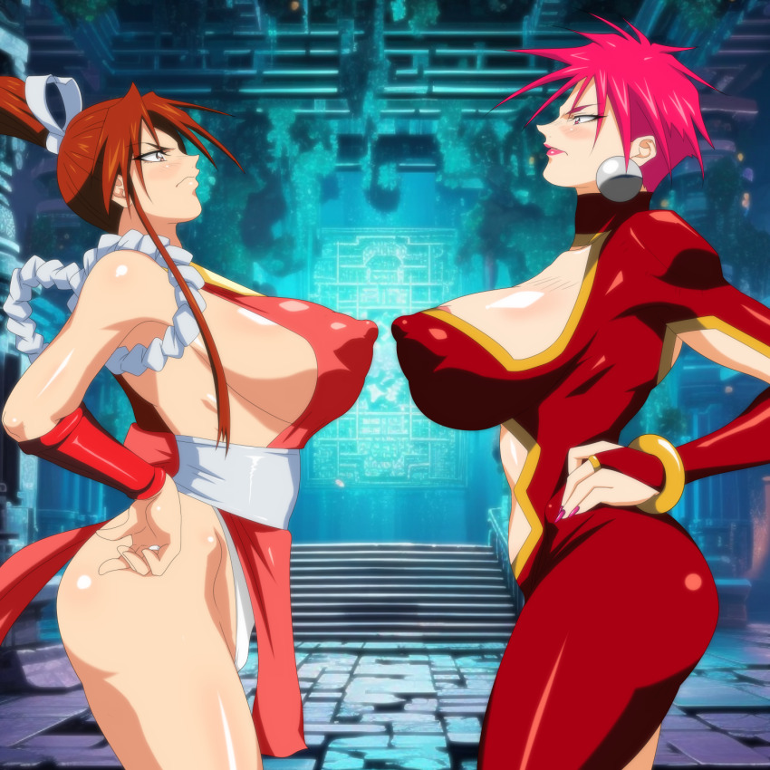 2girls angry breasts fatal_fury highres huge_breasts long_hair multiple_girls panni_(fatal_fury) panties ponytail shiranui_mai short_hair snk the_king_of_fighters underwear white_panties