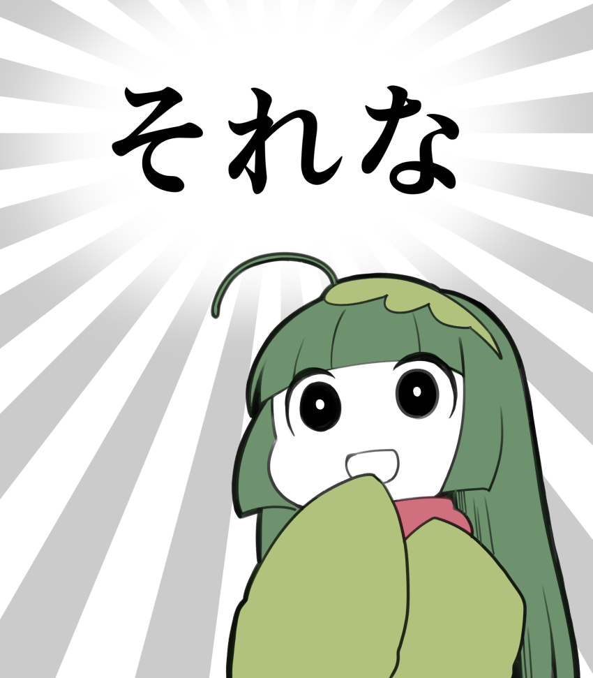 1girl ahoge black_eyes blunt_bangs commentary_request green_hair green_hairband gyari_(imagesdawn)_(style) hairband hand_up highres hime_cut ino_(tellu0120) long_hair long_sleeves meme nandemo_iu_koto_wo_kiite_kureru_akane-chan_(voiceroid) open_mouth parody red_scarf scarf seyana_(meme) sleeves_past_fingers sleeves_past_wrists smile solo source_quote_parody sunburst sunburst_background touhoku_zunko translation_request upper_body voiceroid