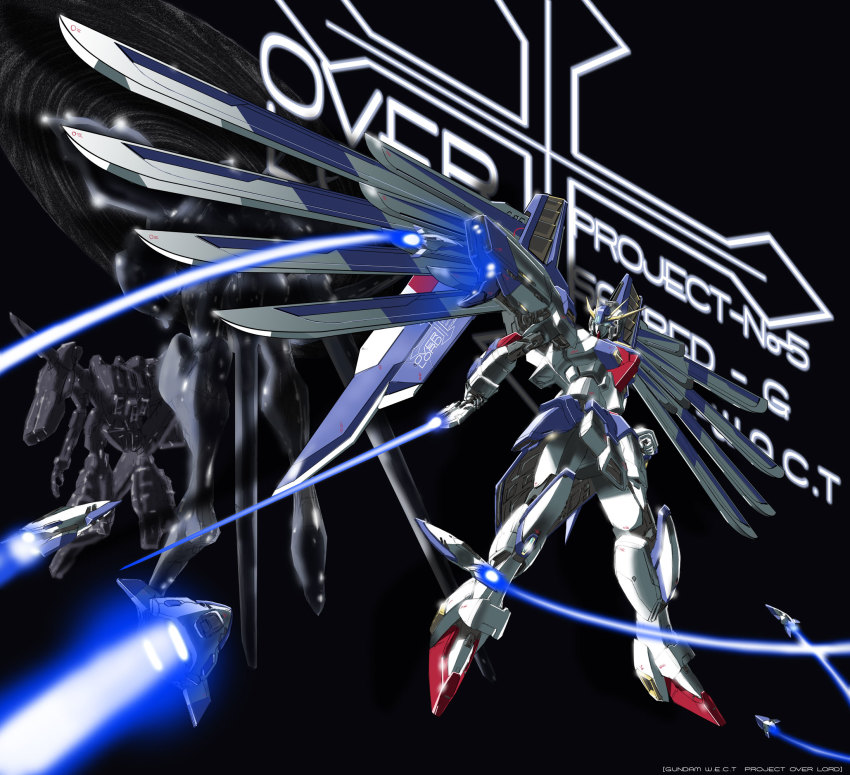 aircraft airplane black_background energy_sword flying full_body glowing gundam gundam_wect highres holding holding_sword holding_weapon jet light_trail mechanical_wings no_humans simple_background sword weapon wings