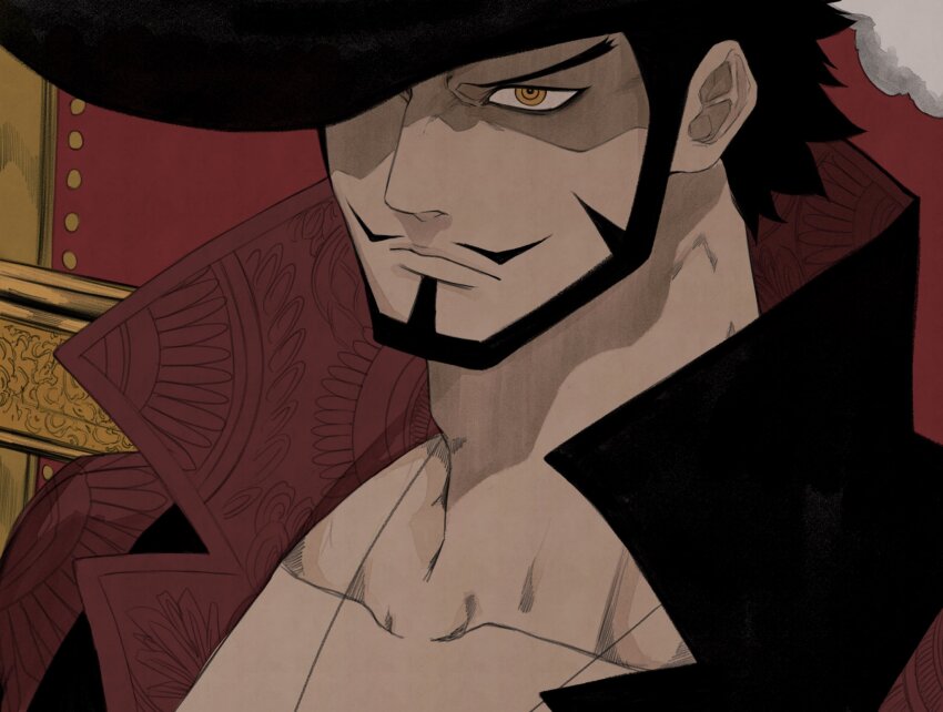 1boy adam&#039;s_apple bake_ryori beard black_hat closed_mouth collarbone dracule_mihawk expressionless facial_hair hat high_collar highres looking_at_viewer male_focus mustache one_piece orange_eyes ringed_eyes solo thick_neck
