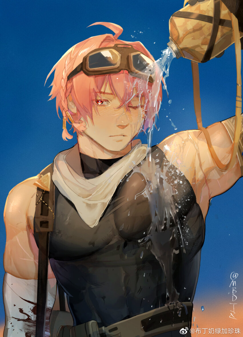 1boy bara bare_shoulders braid character_request check_copyright come_hither copyright_request covered_abs final_fantasy flustered goggles goggles_on_head highres large_pectorals looking_at_viewer male_focus mbdtz muscular muscular_male one_eye_closed pectorals pink_hair pouring pouring_onto_self shirt short_hair sidepec sky sleeveless sleeveless_shirt solo taut_clothes taut_shirt upper_body water wet wet_clothes wet_shirt