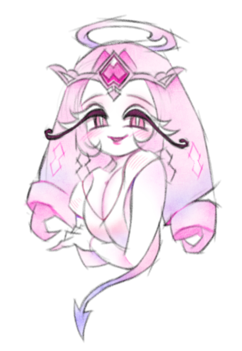 1girl breasts cleavage colored_skin cookie_run cookie_run:_kingdom dress eternal_sugar_cookie highres kkakong88 long_hair looking_at_viewer pink_eyes pink_hair pink_skin solo tail upper_body very_long_hair white_dress