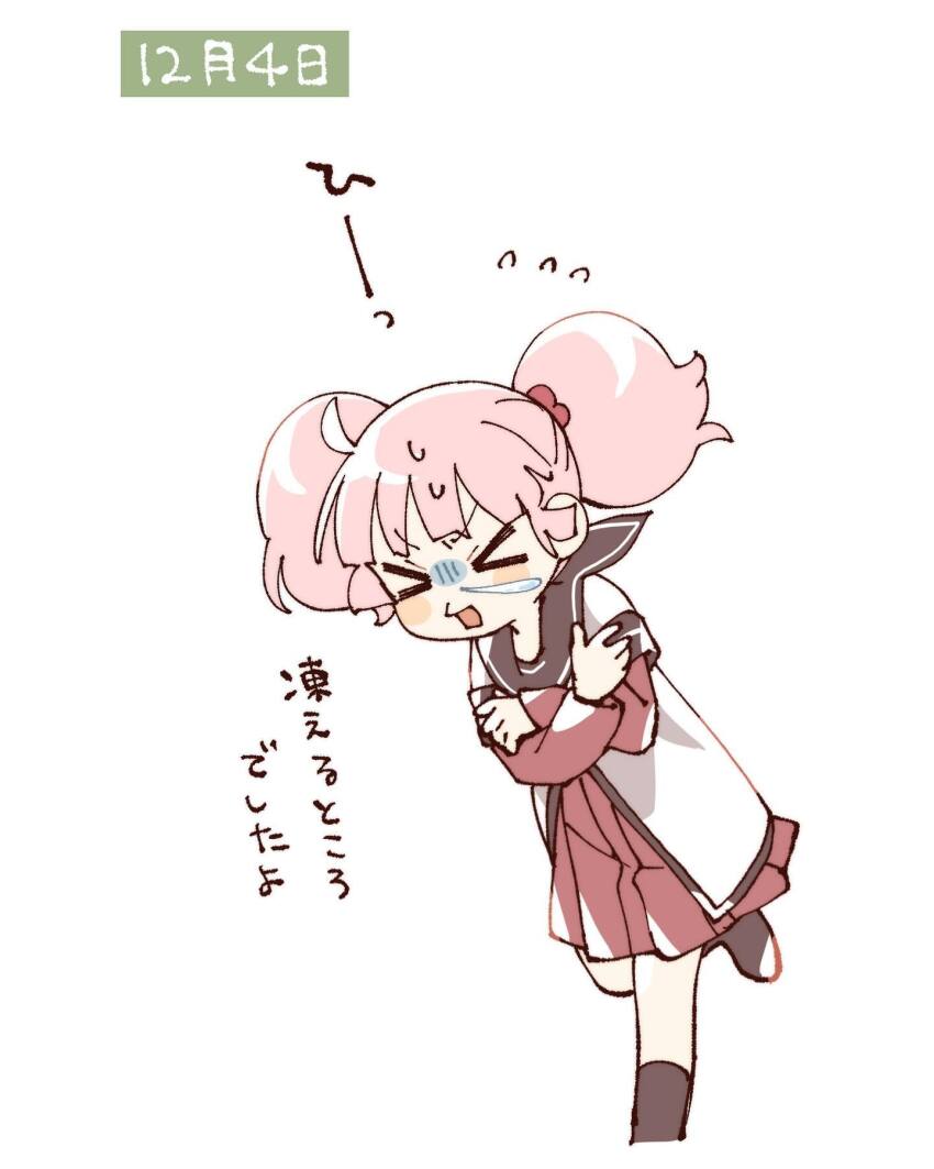 &gt;_&lt; 1girl black_sailor_collar blunt_bangs blush_stickers brown_shoes cold commentary_request cropped_legs crossed_arms dress flying_sweatdrops hair_bobbles hair_ornament highres layered_sleeves long_sleeves namori nanamori_school_uniform open_mouth pink_hair red_dress running sailor_collar school_uniform shirt shoes short_hair short_over_long_sleeves short_sleeves simple_background snot solo translation_request twintails white_background white_shirt yoshikawa_chinatsu yuru_yuri