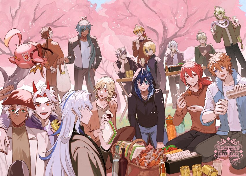 1other 6+boys alhaitham_(genshin_impact) animal_ears arataki_itto baizhu_(genshin_impact) bat_ears black_hair black_hood black_hoodie black_jacket black_mask black_pants blonde_hair blue_hair blue_jacket book brown_hair brown_hat brown_jacket brown_pants brown_sweater cacucu can changsheng_(genshin_impact) cherry_blossoms cup dainsleif_(genshin_impact) dark-skinned_male dark_skin desk diluc_(genshin_impact) eyepatch facial_mark flask food genshin_impact green_hair grey_pants hair_over_one_eye hat heterochromia highres hiki_yuichi holding holding_book holding_flask hood hood_up hoodie horns ifa_(genshin_impact) jacket kaeya_(genshin_impact) kamisato_ayato kaveh_(genshin_impact) long_hair long_sleeves multicolored_hair multiple_boys neuvillette_(genshin_impact) onigiri orange_hair ororon_(genshin_impact) pants picnic_basket picnic_blanket ponytail red_eyes red_hair sandwich shirt short_hair snake snake_on_shoulder sweater table tartaglia_(genshin_impact) thoma_(genshin_impact) white_hair white_jacket white_shirt wriothesley_(genshin_impact) zhongli_(genshin_impact)
