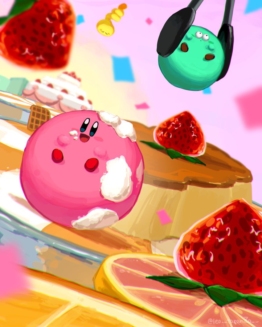 alien confetti cream food fruit highres jumping kirby kirby&#039;s_dream_buffet kirby_(series) leo_taranza nintendo open_mouth pancake pudding strawberry waffle