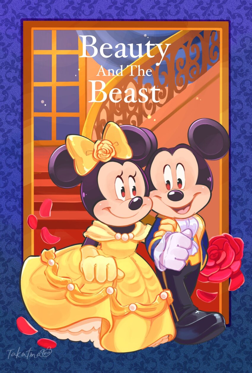 1boy 1girl animal_ears beauty_and_the_beast_(disney) belle_(disney) belle_(disney)_(cosplay) bow cosplay dress gloves hair_bow highres looking_at_viewer mickey_mouse mickey_mouse_&amp;_friends minnie_mouse mouse_ears mouse_girl open_mouth prince_adam prince_adam_(cosplay) prince_adam_(disney) shirt smile takatmaorange white_gloves