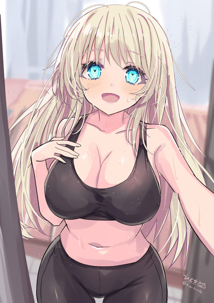 1girl absurdres alternate_costume atago_(kancolle) blonde_hair blush breasts cleavage curtains green_eyes highres hizaka indoors kantai_collection large_breasts long_hair looking_at_viewer navel open_door open_mouth pants smile solo sports_bra sportswear yoga_pants