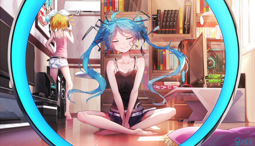 2girls alternate_costume antenna_hair ass bare_arms bare_legs bare_shoulders barefoot belt black_shorts bladeless_fan blonde_hair blue_hair blush book bookshelf camisole casual closed_mouth collarbone cushion facing_viewer fringe_trim full_body graphics_card hair_ornament hand_fan hatsune_miku highres holding holding_phone indian_style indoors kagamine_rin lightning_bolt_symbol long_hair monitor computer_mouse multiple_girls phone poster_(object) qys3 short_hair shorts signature sitting sleeveless smile spaghetti_strap speaker table talking_on_phone television twintails very_long_hair graphics_card vocaloid white_shorts wooden_floor