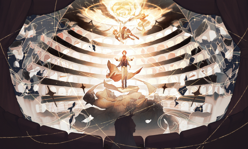 1boy aluce asmodeus_(umineko) audience beelzebub_(umineko) belphegor_(umineko) crown formal_clothes highres leviathan_(umineko) lucifer_(umineko) maid mammon_(umineko) maria_(umineko) mini_crown multiple_girls necktie piece_(umineko) satan_(umineko) shannon_(umineko) spoilers spotlight stage stakes_of_purgatory suit tilted_headwear umineko_no_naku_koro_ni ushiromiya_battler ushiromiya_maria vest waistcoat