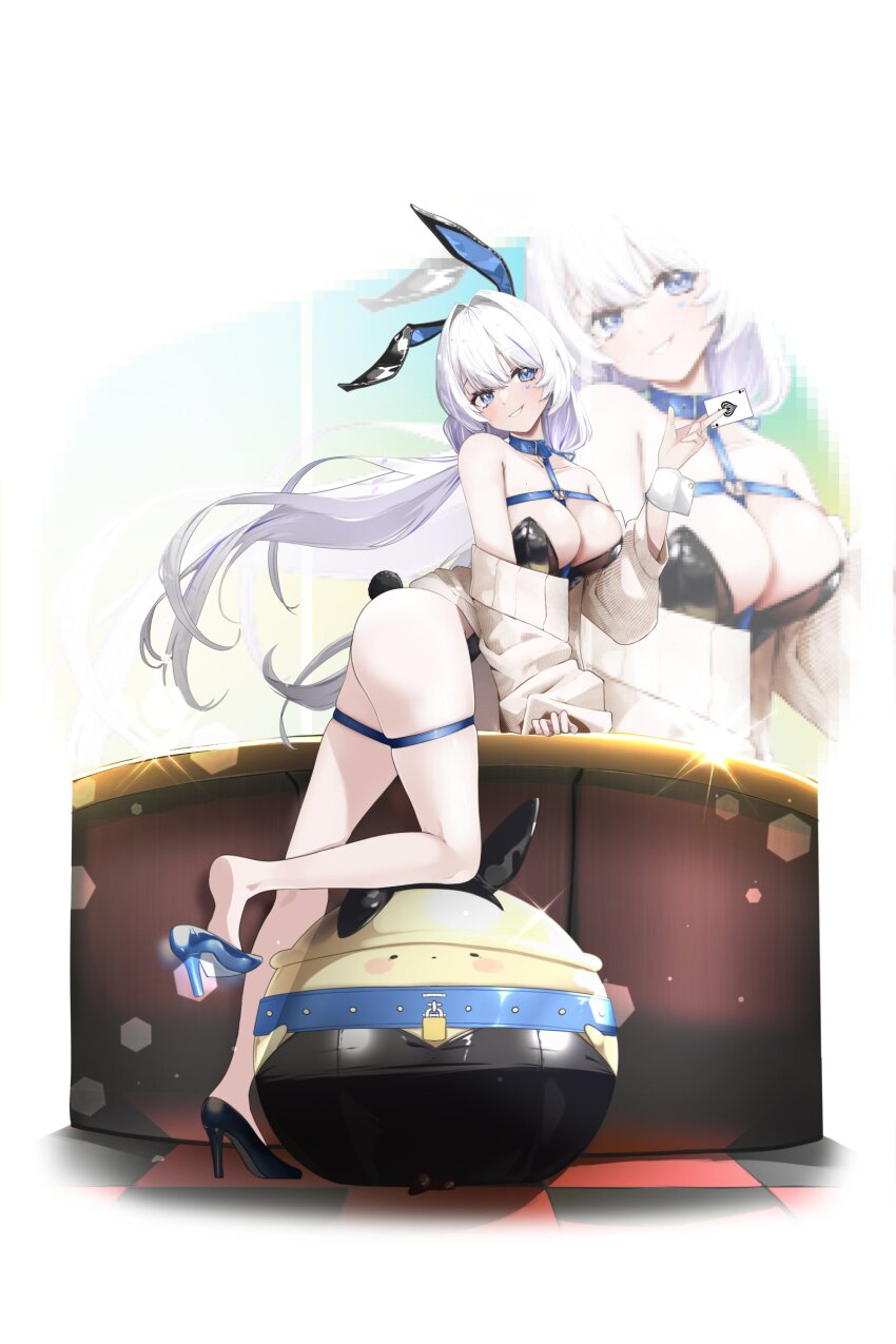 1girl absurdres animal_ears asymmetrical_footwear bare_legs bare_shoulders between_fingers black_leotard black_shoes blue_collar blue_eyes breasts card chest_harness cleavage collar fake_animal_ears fake_tail full_body grin harness high_heels highleg highleg_leotard highres holding holding_card jacket large_breasts leotard long_hair looking_at_viewer low_twintails mismatched_footwear off_shoulder playboy_bunny rabbit_ears rabbit_tail shoe_dangle shoes smile solo stardays strapless strapless_leotard tail terri_nunna thigh_strap thighs twintails very_long_hair virtual_youtuber white_hair white_jacket yorang