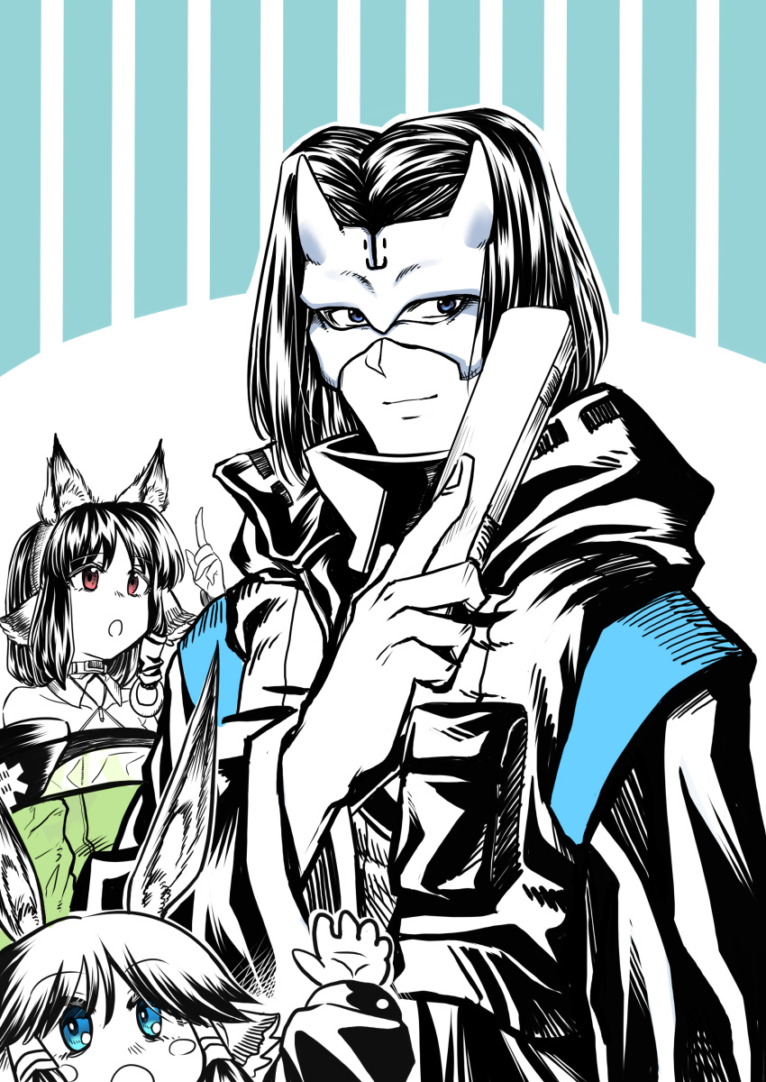 absurdres amiya_(arknights) animal_ears aquaplus arknights aruruu black_jacket blue_eyes cosplay doctor_(arknights) eruruu hakuowlo hand_up highres jacket kal&#039;tsit_(arknights) lan_pingguo_lan mask red_eyes tessen utawarerumono war_fan