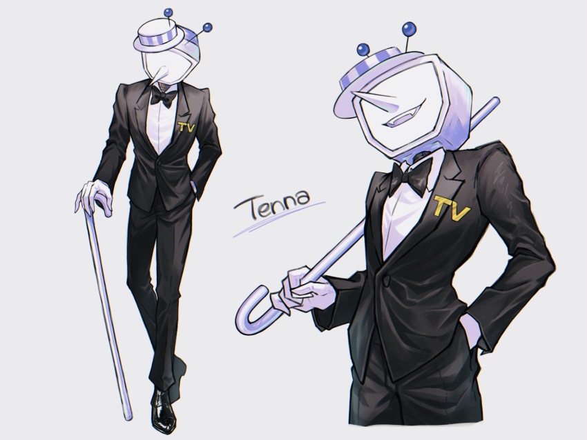 1boy ant_tenna black_bow black_bowtie black_jacket black_pants black_shoes bow bowtie cane character_name crt deltarune denden_kntn fangs gloves hand_in_pocket hand_on_cane hat highres holding holding_cane humanoid_robot jacket male_focus multiple_views object_head open_mouth pants pointy_nose robot shirt shoes simple_background smile white_background white_gloves white_hat white_shirt