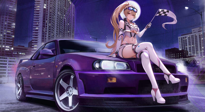1girl absurdres aura_kingdom bare_shoulders belt blonde_hair boots breasts building car character_request checkered_clothes cleavage clothing_cutout commission crop_top crossed_legs elbow_gloves flag full_moon gloves goggles goggles_on_head high_heel_boots high_heels high_ponytail highleg highres holding holding_flag jewelry kcar66t large_breasts long_hair looking_at_viewer midriff miniskirt moon motor_vehicle navel necklace night nissan nissan_skyline nissan_skyline_r34 outdoors panty_straps pixiv_commission ponytail race_queen red_eyes shirt sitting skirt sleeveless sleeveless_shirt solo sports_car stomach thigh_boots thighhighs thighs underboob underboob_cutout very_long_hair vest white_boots white_shirt white_skirt white_thighhighs white_vest