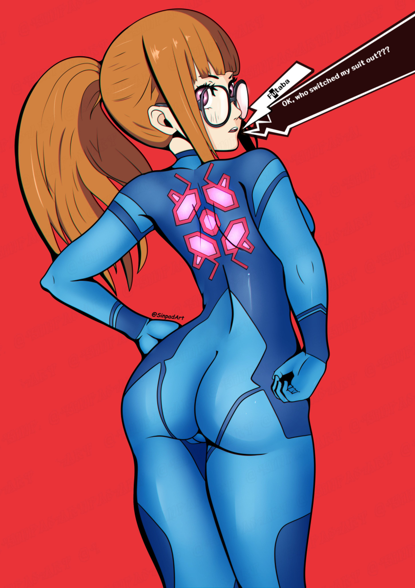 1girl absurdres ass black-framed_eyewear blue_bodysuit bodysuit breasts brown_hair cosplay english_text from_behind glasses high_ponytail highres long_hair looking_back metroid nintendo parted_lips persona persona_5 ponytail purple_eyes red_background sakura_futaba samus_aran samus_aran_(cosplay) simple_background sinpadart skin_tight solo speech_bubble zero_suit