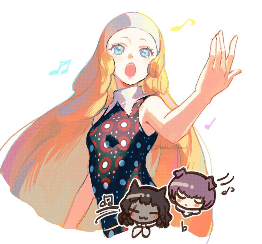 1girl 2boys :3 abi_07km basilio_(metaphor:_refantazio) black_hair black_skin blue_eyes breasts closed_eyes closed_mouth colored_skin dress fidelio_(metaphor:_refantazio) headband highres junah_(metaphor:_refantazio) long_hair metaphor:_refantazio multiple_boys music musical_note open_mouth orange_hair purple_hair scar scar_across_eye scar_on_face simple_background singing sleeveless sleeveless_dress small_breasts twitter_username white_background white_headband