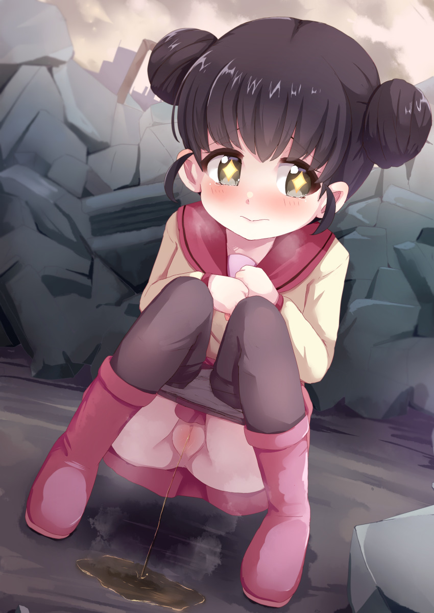 1girl absurdres black_hair blush boots character_request clothes_pull double_bun hair_bun highres loli nyxerebos outdoors panties panty_pull pantyhose pantyhose_pull pee peeing pussy school_uniform skirt solo squatting underwear yu-gi-oh! yu-gi-oh!_tag_force